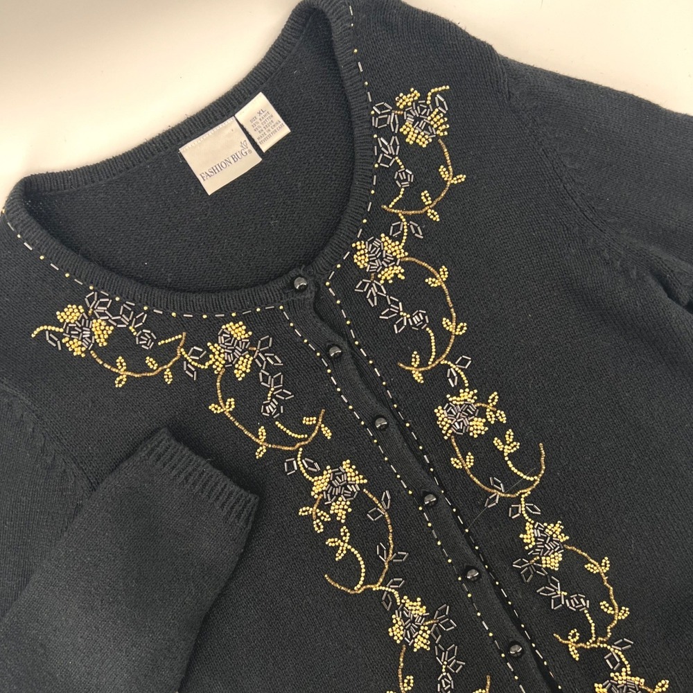 Fashion Bug Women XL Cardigan Beaded Floral Vintage Black Y2K Top